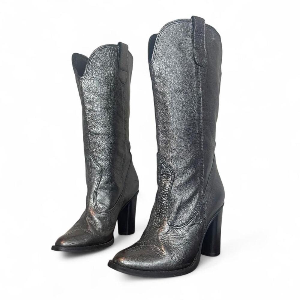 Charles David Metallic Grey Leather Heeled Western Boots Size 35 / US 6